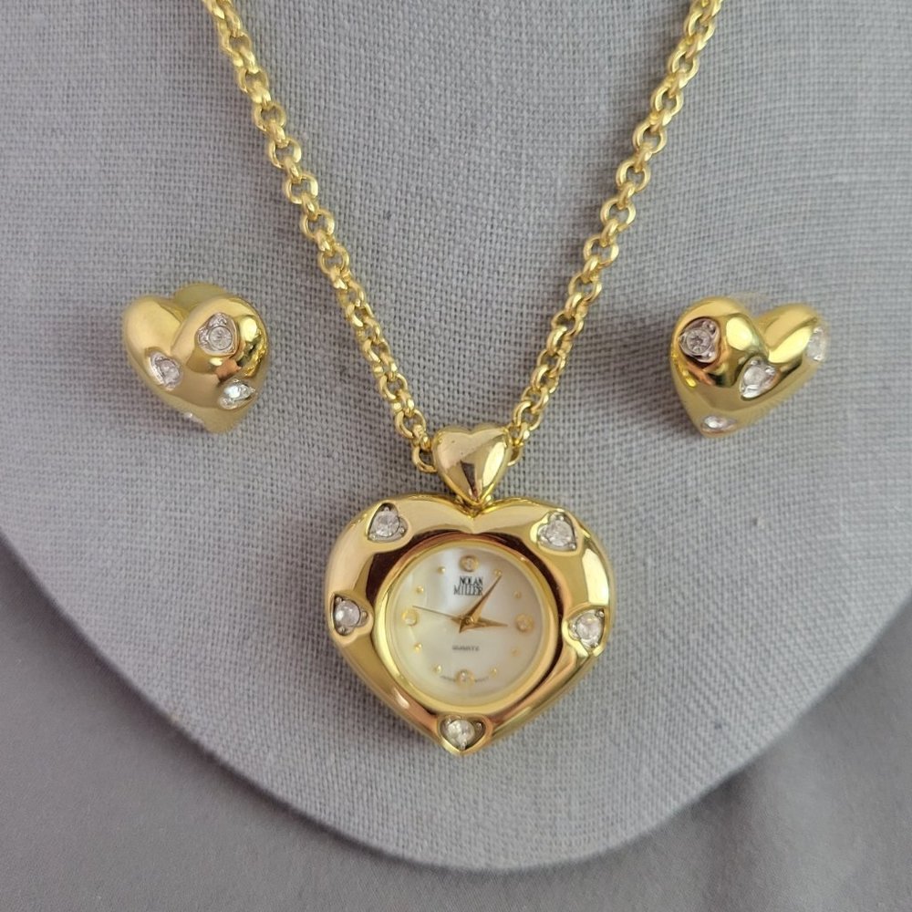 NOLAN MILLER Sparkling Heart Watch Necklace & Earrings